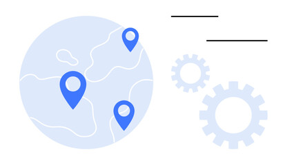 Abstract globe with blue geolocation markers, gears symbolizing process automation, and lines representing data flow. Ideal for logistics, networking, technology, collaboration, innovation, planning