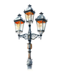 Ornate, three-light streetlamp, detailed illustration.  The lamp post has a decorative, ornate finial.  Three gas lamps with warm orange light are mounted symmetrically on the post