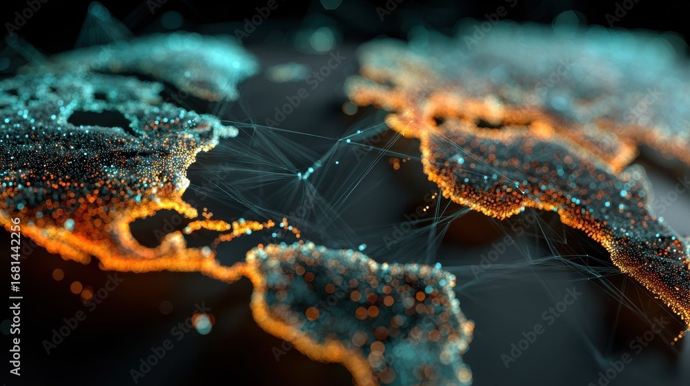 Wall mural glowing interconnected dots across a world map visualization