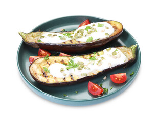 Slices of grilled eggplant with pumpkin seeds and yoghurt isolated on white