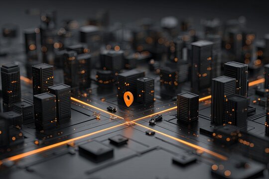Futuristic city grid with a central location marker - Powered by Adobe