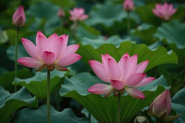 Fototapeta premium Fresh pink lotus flower opens at dawn