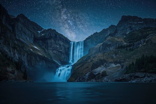 Waterfall cascading down a mountain during the night