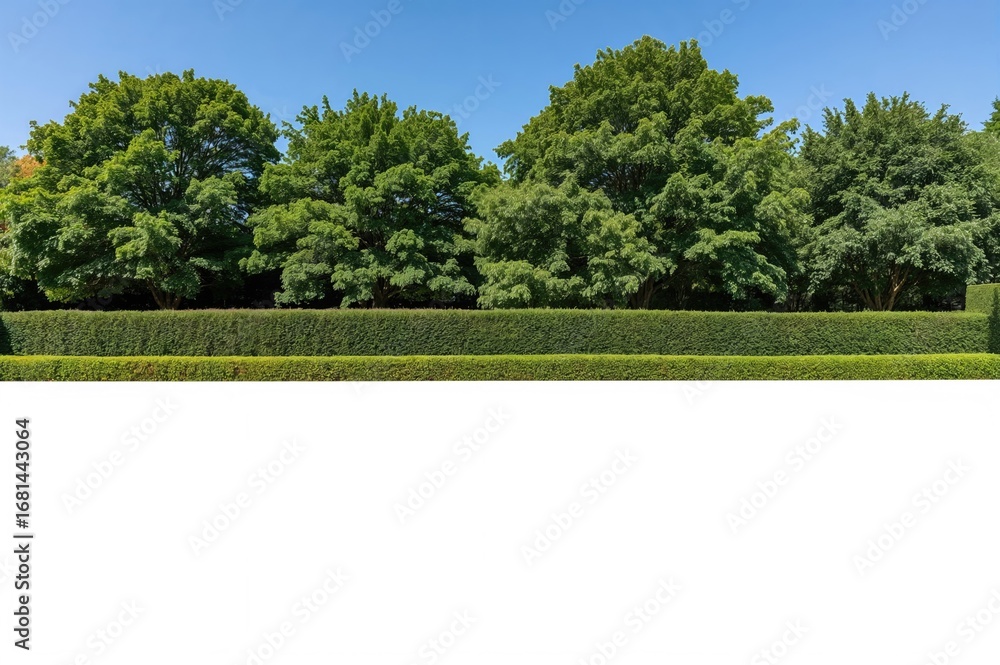 Poster panoramic view of a dense line of tall hedge trees with numerous large trees behind, isolated on a w