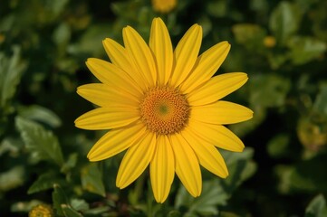 Fototapeta premium A bright yellow blossom radiates warmth and light, embodying the spirit of sunshine through its vivid petals. This joyful color represents joy, companionship, and optimism, illuminating every garden.