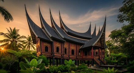Fototapeta premium Majestic Minangkabau Architecture at Sunset A Cultural Jewel of Indonesia