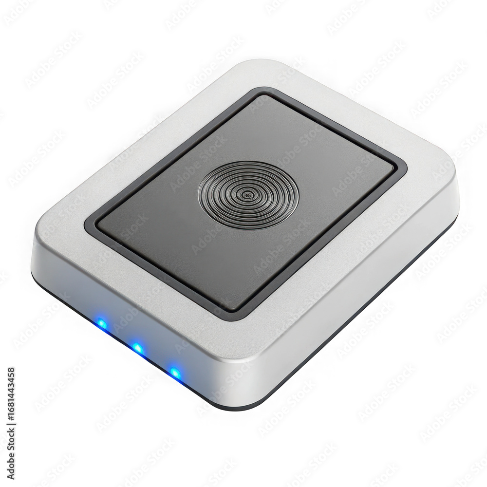 Poster modern white rectangular electronic device with blue led indicators isolated on transparent backgrou