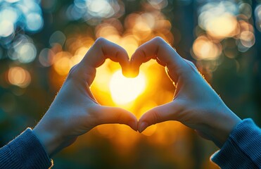 Hands Forming Heart Around Sunset. It shows hands making a heart shape, framing a glowing sunset. Great for love - themed posts, Valentine's Day cards, or nature - inspired romance visuals.