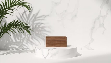 Luxury brown wooden box, block, cylinder, pedestal cube, and shadow leaves set against a white marble backdrop. Product display, wooden material, presentation, cosmetic theme, conceptual scene setup.