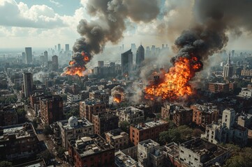Fototapeta premium Ruined and burning structures engulfed in smoke and flames after a devastating explosion, depicting a post-apocalyptic scenario.
