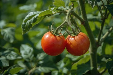 In the warmth of the season, ripe red tomatoes gleam vividly against a rich green backdrop of flourishing gardens, tempting us with the allure of fresh, natural flavors