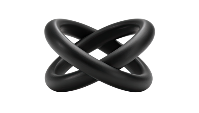 Two interlocking, black rings forming a symmetrical, knot-like design