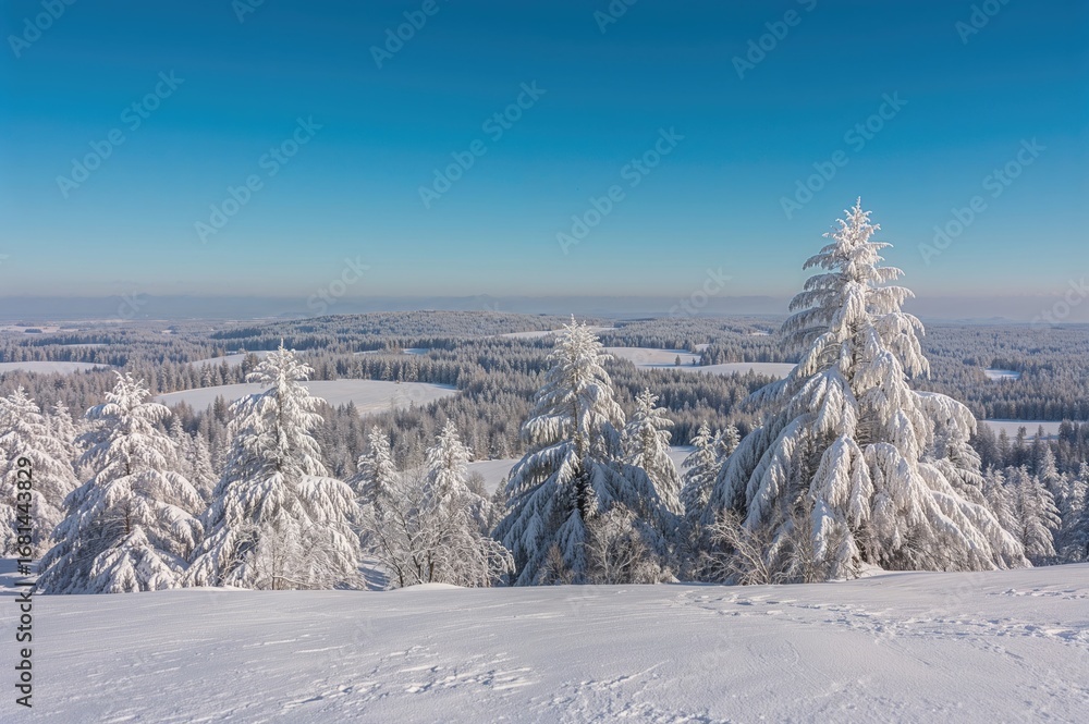 Poster stunning snowy scenery featuring frosted trees and open fields beneath a clear azure sky.
