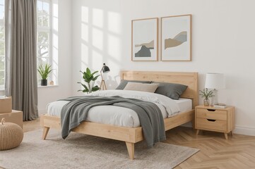 Indoor scene with a fresh wooden bed frame, packed boxes, and decorative items