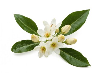 Obraz premium White flowers and buds of a citrus tree with green leaves on a white background