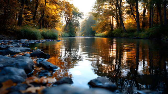 A tranquil river flowing through an autumn forest wih colorful trees, reflectig the vibrant leaves on it surface under the soft liht of sunrise.