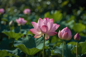 Obraz premium Fresh pink lotus flower opening at dawn with natural garden scenery