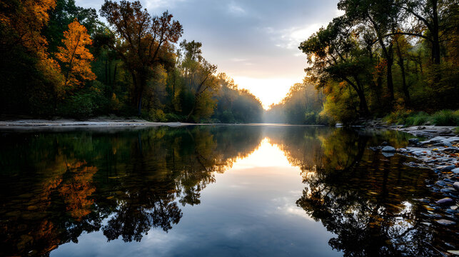 A tranquil river flowing through an autumn forest wih colorful trees, reflectig the vibrant leaves on it surface under the soft liht of sunrise.