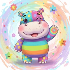 Fototapeta premium A colorful, cartoon hippopotamus with polka dots waves cheerfully against a vibrant, swirly background filled with flowers and smiling faces.
