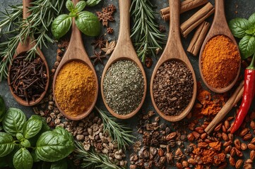 Assortment of spices in wooden scoops alongside fresh aromatic herbs packed with antioxidants