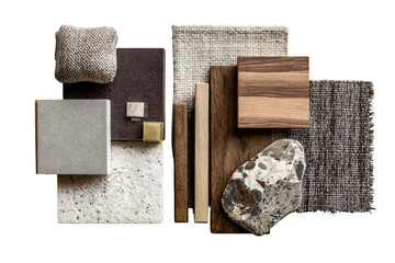 Interior design mood board featuring various neutral tones.  Beige, brown, gray, wood, stone, fabric samples