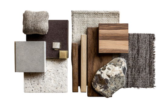 Interior design mood board featuring various neutral tones.  Beige, brown, gray, wood, stone, fabric samples