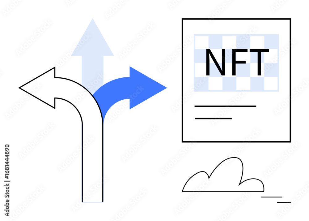 Poster three-way directional arrows symbolize decision points alongside nft document and minimal cloud elem