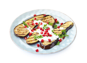 Slices of grilled eggplant, yoghurt, parsley and pomegranate seeds isolated on white