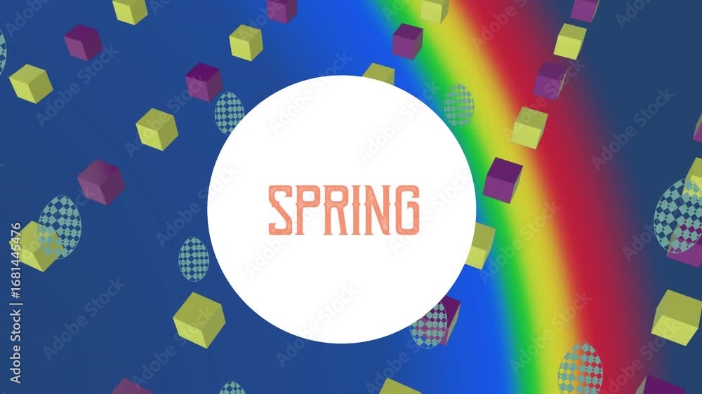 Poster animation of spring text over egg icons and colorful shapes
