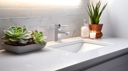 A contemporary bathroom featuring a white quartz counter, integrated sink, and modern geometric planters with succulents, trailing vines over the light grey tiled wall.