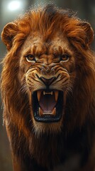 Fototapeta premium Powerful close up portrait of an aggressive lion roaring with intense focus and detail