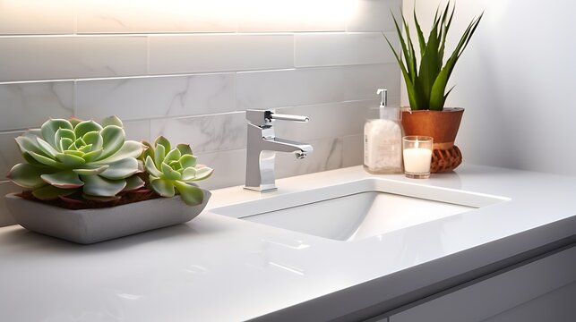 A contemporary bathroom featuring a white quartz counter, integrated sink, and modern geometric planters with succulents, trailing vines over the light grey tiled wall.