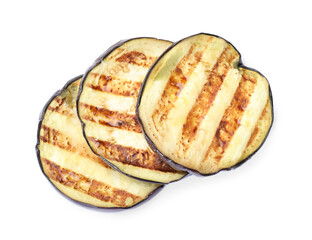 Slices of grilled eggplant isolated on white, top view