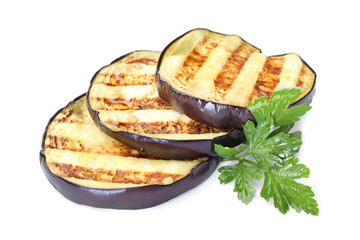 Slices of grilled eggplant and parsley isolated on white