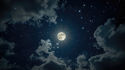 Bright full moon shining over a night sky filled with soft clouds and sparkling stars.