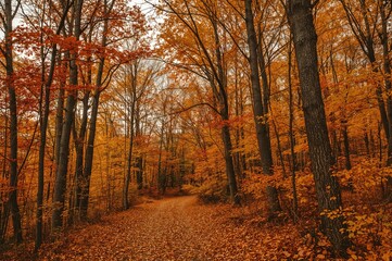 Obraz premium Autumn foliage scattered across the forest floor