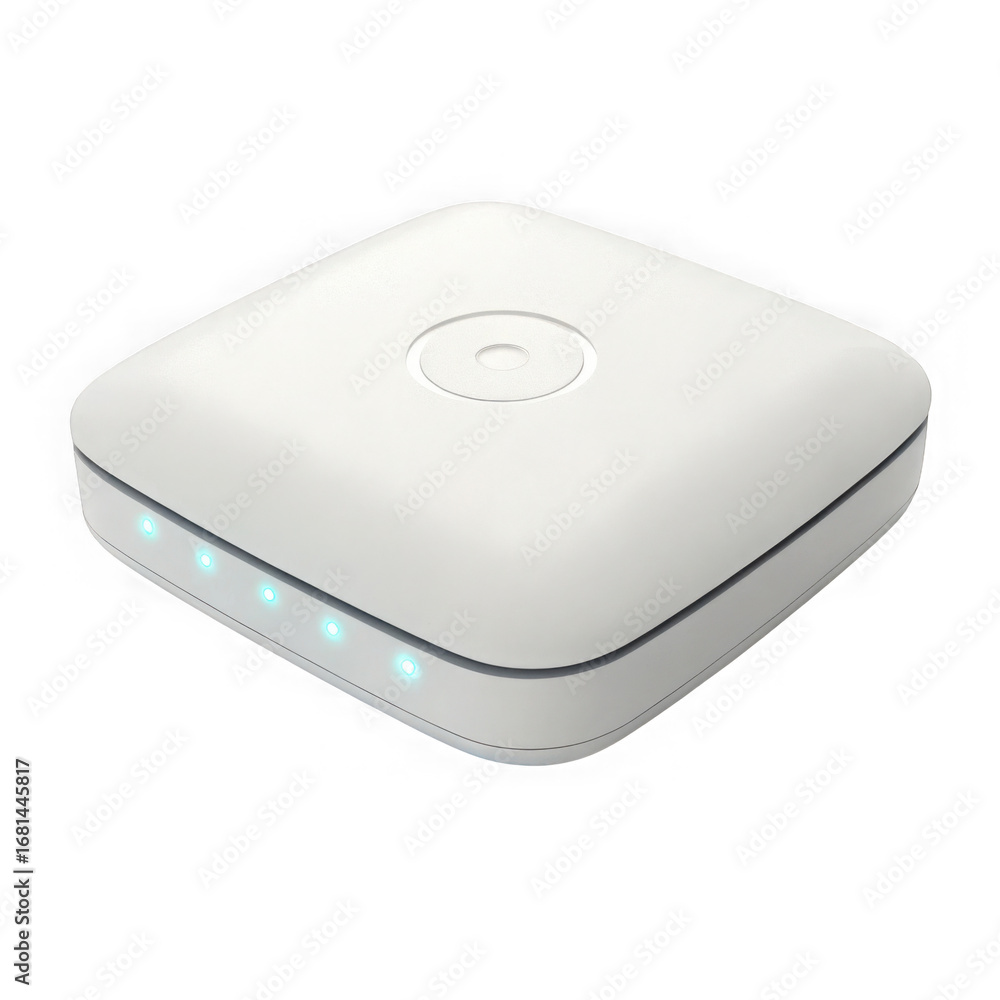 Poster Modern white square smart home hub device with subtle blue led lights isolated on transparent background