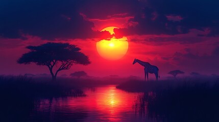 Naklejka premium Serene african sunset silhouette capturing majestic giraffe and reflection on still water photo
