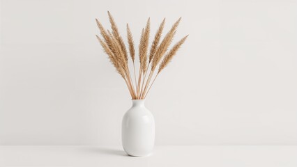 Decorative dry flax twigs arranged in a white vase on a light background
