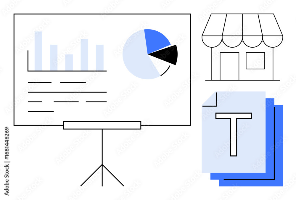 Aufkleber bar chart and pie chart analysis on whiteboard tripod, storefront icon, document stack. ideal for bu
