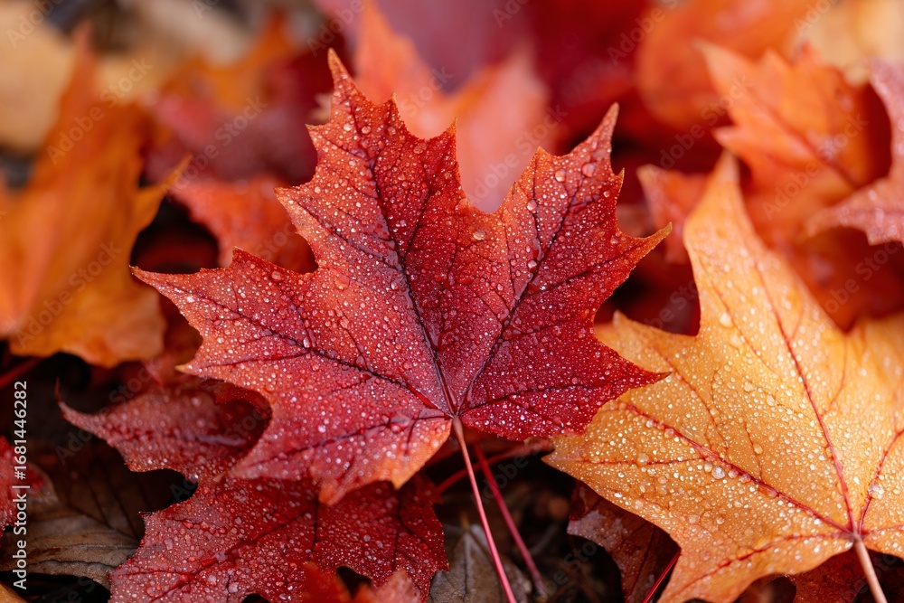 Poster close-up view of colorful maple leaves in autumn setting generative ai