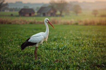 Naklejka premium Spring meadow with a white stork amidst green grass and sunrise
