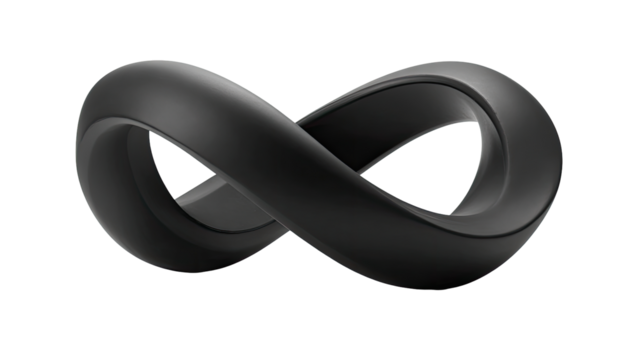 Dark, three-dimensional infinity symbol.  Complex, rounded, black shape