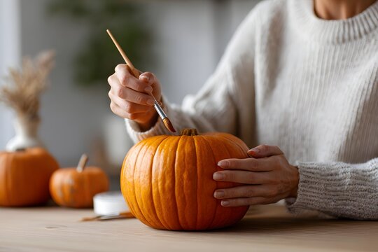 Hands painting details on a carved pumpkin for Halloween Generative AI