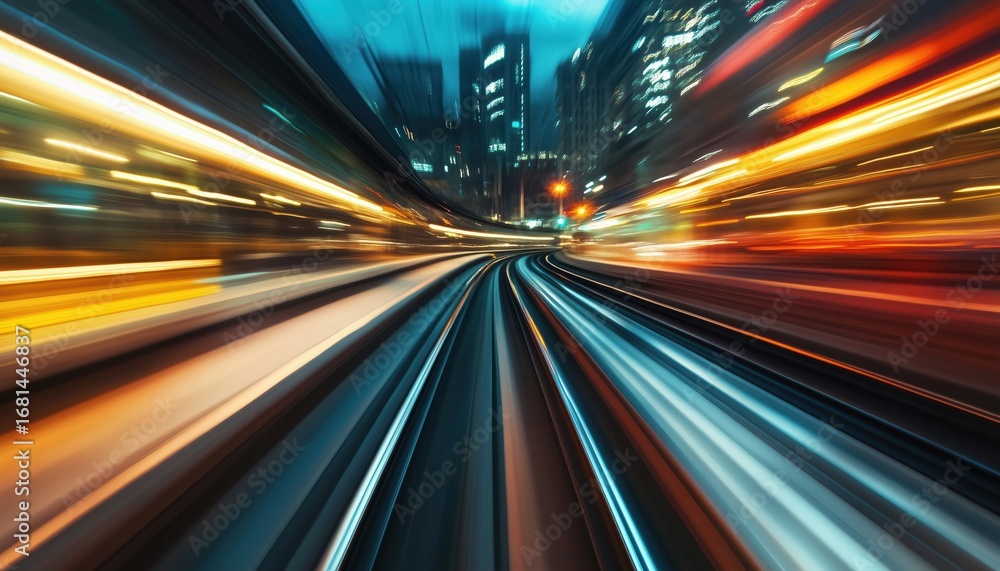 Poster nighttime abstract speed motion blur view from first railway carriage on metro - capturing the city 