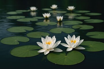 Serene lake decorated with blooming white water lilies