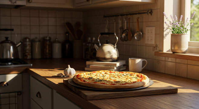 Enjoy homemade pizza in a cozy kitchen with warm sunlight, ideal for food blogs and lifestyle content today