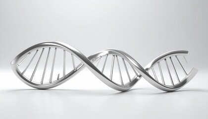 Shiny silver metallic DNA double helix model with intertwined strands and horizontal base pair bars, sleek scientific representation on white background.