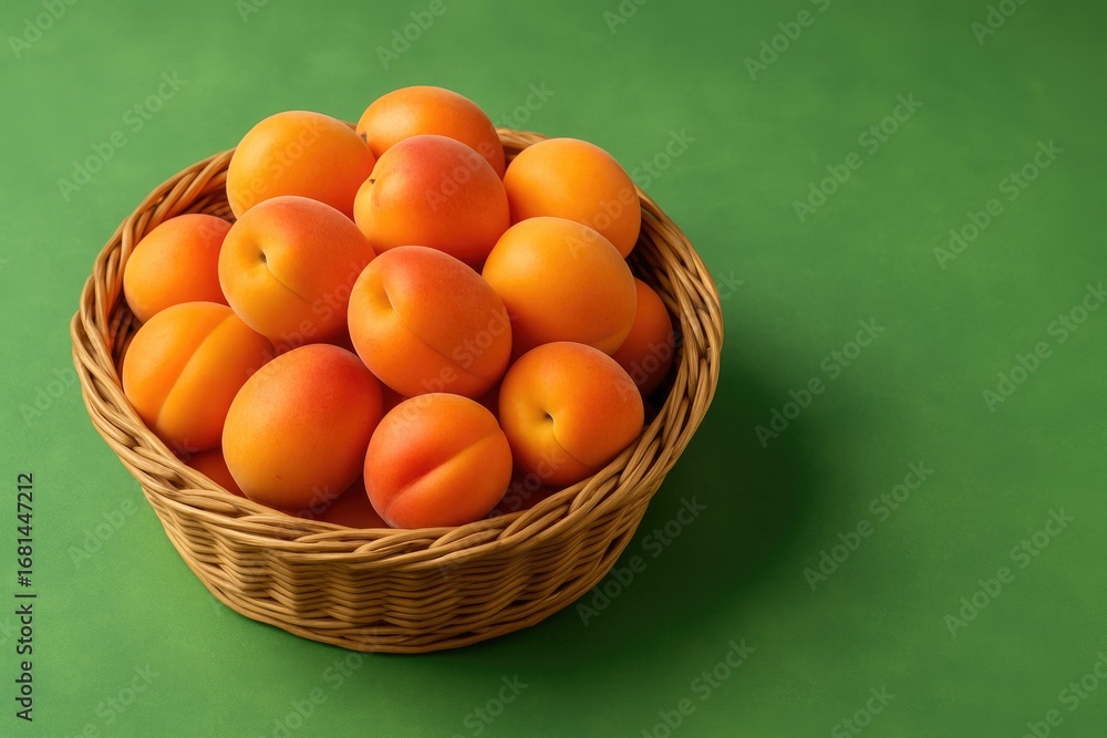 Poster sun-ripened apricots arranged in a wicker container with colorful background