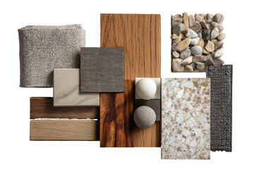 Interior design sample board with various materials.  Beige carpet, wood planks, stone, and countertop samples displayed.  Neutral color palette